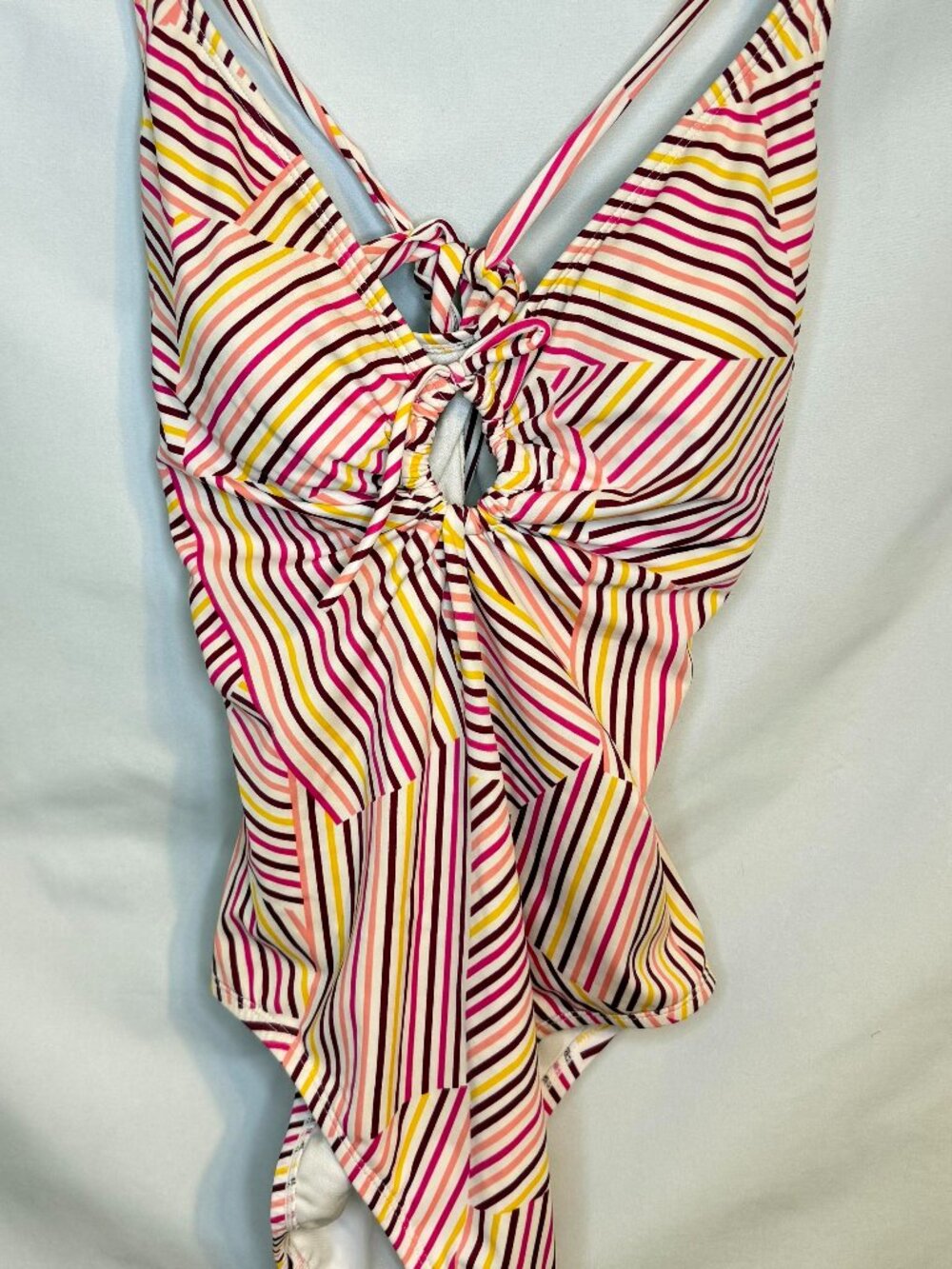 Time and Tru One Piece Swimsuit Women Large 12-14 Striped Tie Front Cutout